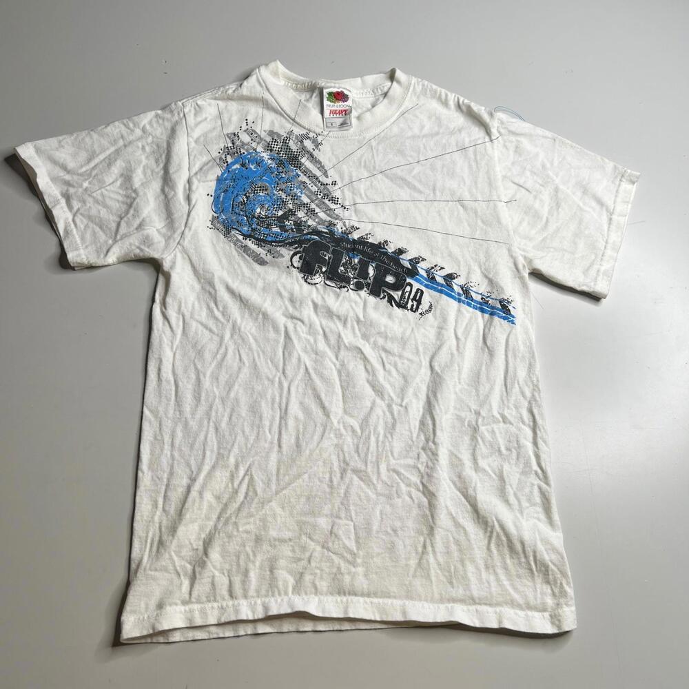 Vintage Flip USA Graphic T Shirt Fruit of the Loom White Mens S Student Life 90s